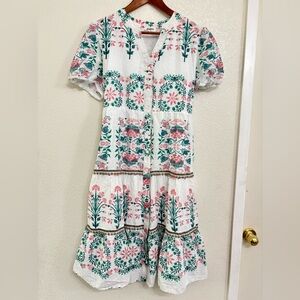 Anthropologie Kindred Floral Midi Dress White Boho Tiered Button Front